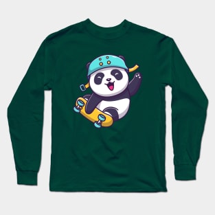 Cute Panda Playing Skateboard Cartoon Long Sleeve T-Shirt